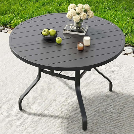 HRVEOCEI 47" Outdoor Round Table with Umbrella Hole, Metal Patio Dining Tables for Lawn Garden, Wood-Like Grain Bistro Table Outdoor for Backyard,Poolside,Deck,Por (Dark Black, Round)