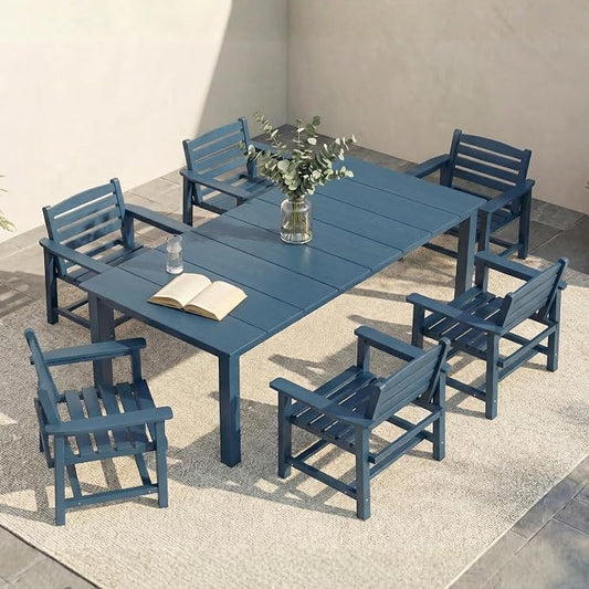 7-Piece Outdoor Dining Set with Aluminum Frame for 6,Navy Blue | HDPE material, 2" umbrella hole, patio table and chairs, ideal for yard, lawn, garden, balcony, deck, poolside