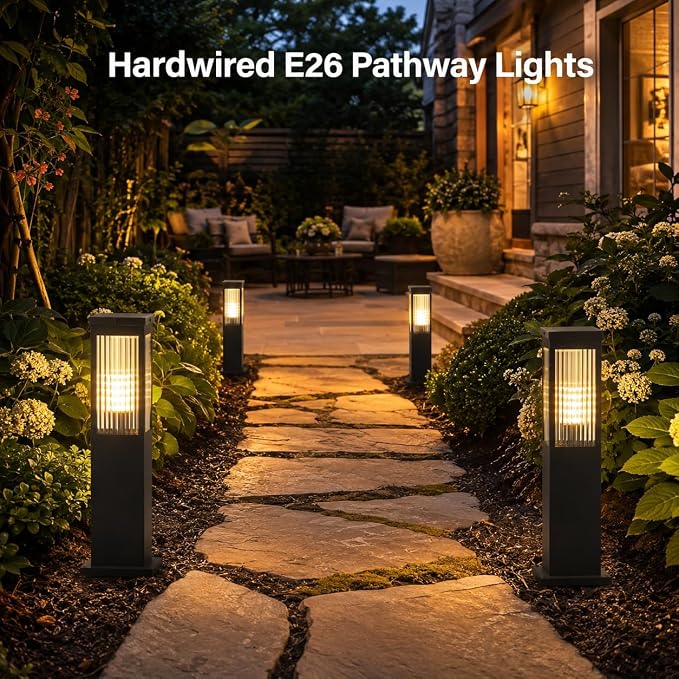 Hardwired 3000K E26 Pathway Lights Outdoor, 23.62Inch Landscape Path Lights | IP65 Waterproof Bollard Light, Exterior Lamp Path Light, Modern Commercial Pathway Lighting for Walkway Driveway Garden Patio