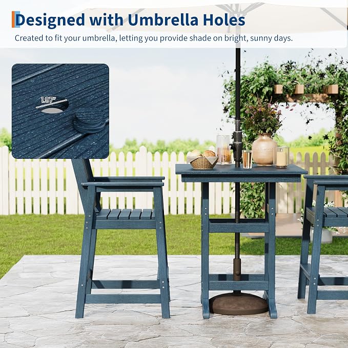 GAOMON Square Outdoor Bar Height Table, Patio Tall Side Bistro Table with Umbrella Hole, Weather Resistant High Top Dining Table for Backyard, Garden, Deck, Porch, Navy Blue
