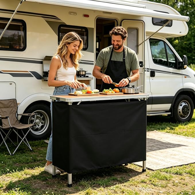 Portable Outdoor Bar Table - Folding Camping Table 2-Tier Shelves with Carrying Case, Storage Shelf & Black Skirt, Tradeshow Podium Table for Events, Camping, Party, Picnic, Exhibition - Brown
