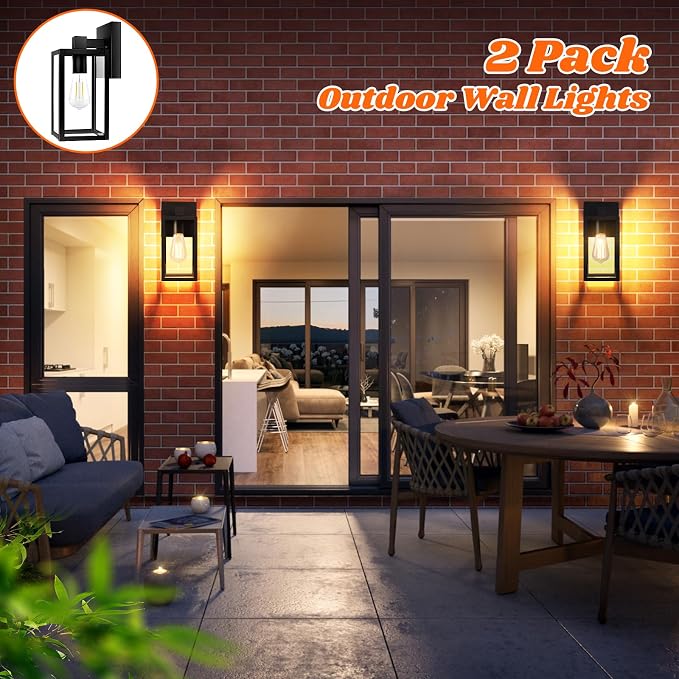 2-Pack Outdoor Wall Lantern, Exterior Waterproof Wall Sconce Light Fixtures, Black Outside Wall Lights with Clear Glass for House, Porch, Front Door, Garage, Patio, Bulbs Not Included