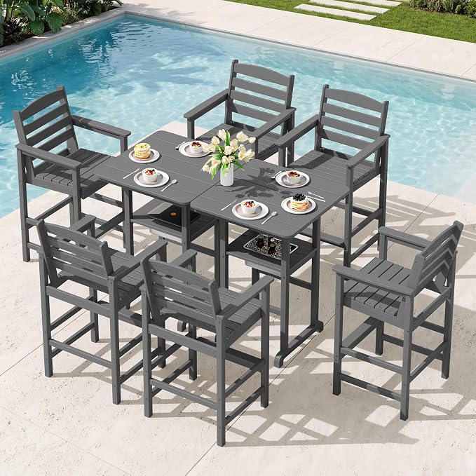 SERWALL Adirondack Bar Chairs and Table 8 Pieces Set, HDPE Bar Height Chairs Set of 2 and Bar Table with Ice Bucket, Outdoor Bar Stools Set for Dining, Balcony, Poolside, Backyard, Grey