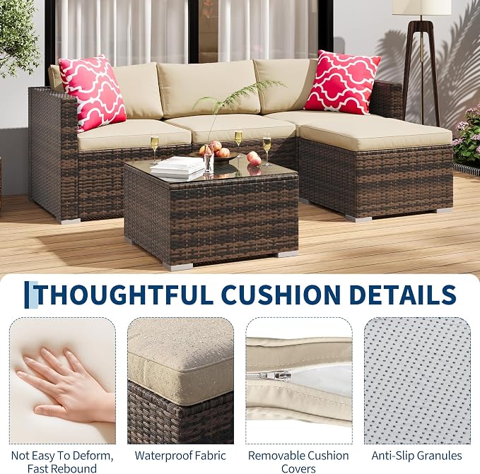 PeakPursuit Outdoor Patio Furniture Set, 5 Pieces Rattan Patio Conversation Sets with Glass Coffee Table and Cushion,All Weather Outdoor Patio Sofa for Garden, Poolside, Backyard,Khaki