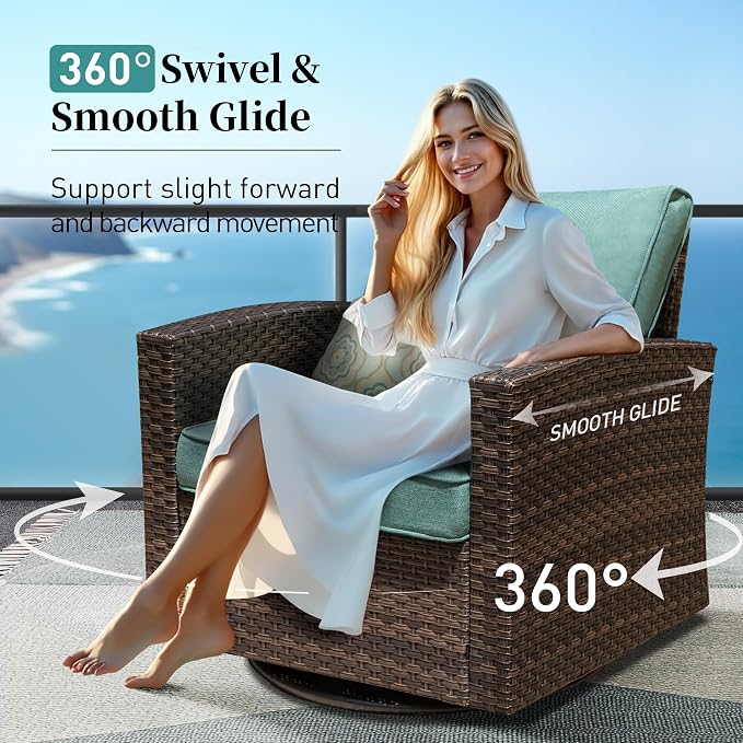 SUNSHINE VALLEY Swivel Glider Patio Furniture Set Outdoor Furniture Brown Wicker Rattan Patio Conversation Sets with Cushion Outside Sofa Set,8 Pieces,12 Seats,Blue