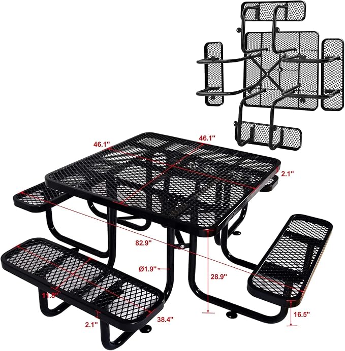 Heavy Duty Picnic Table for Outdoors 3200 lbs Load All Metal Dining Table with Umbrella Hole up to 1.5", Square Picnic Table for Commercial Camping Table with Benches, Black