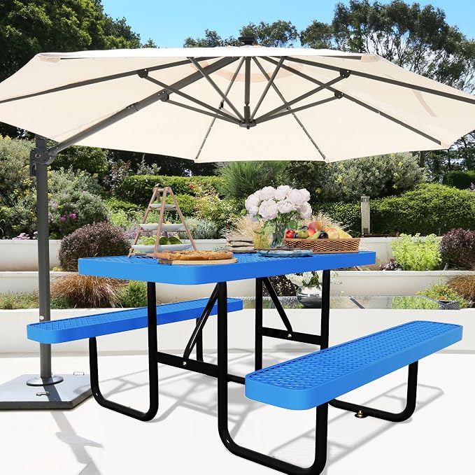 4FT Picnic Tables for Outdoors, Rectangular Commercial Metal Picnic Table Bench Set with Umbrella Hole,Heavy Duty Steel Weather-Resistant Dining Table for Patio Dining Garden Backyard BBQ School