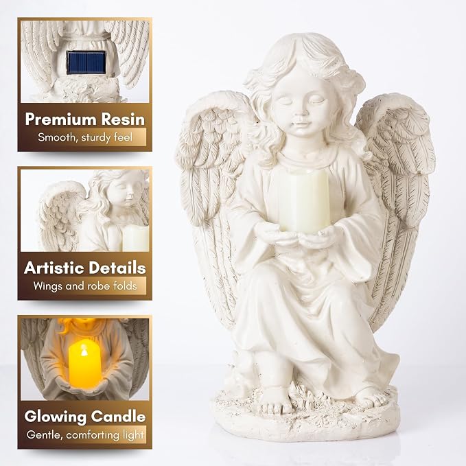 Solar Angel Garden Statue with Candle, 12" Guardian Memorial Outdoor Light | Bright all-night warm candle glow, true-to-size 12in, weatherproof resin built to last - no dim lights or dead battery
