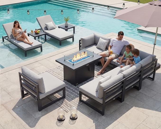RADIATA 11 Piece Large Contemporary Aluminum Outdoor Furniture Set with Sun Bed & Fire Pit Table, 29 inch Deep Couch Set, 500 lbs High Weight Capacity, Patio Sectional Sofa for Poolside, Light Gray