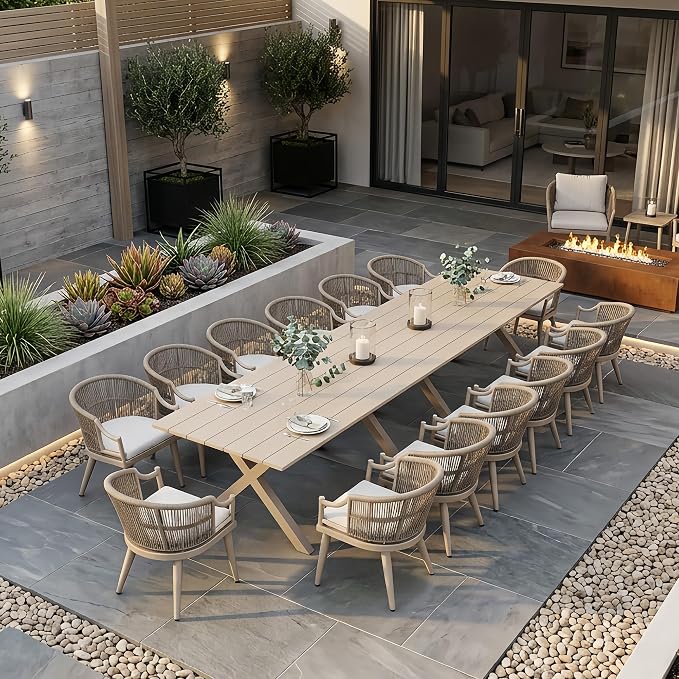 PURPLE LEAF 16 Pieces Outdoor Dining Set All Weather Wicker Patio Dining Set with Rectangular Aluminum Table and Modern Armrest Dining Chairs for Garden Deck Backyard Kitchen, Champagne