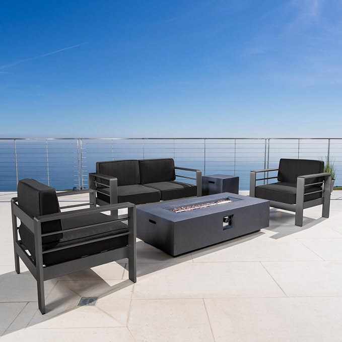 Coral Bay Outdoor Grey Aluminum 5 Piece Loveseat Chat Set with Fire Table (Dark Grey)