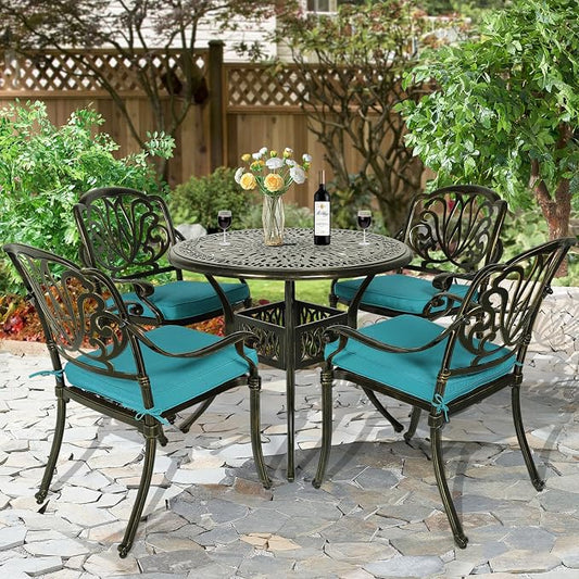 5-Piece Outdoor Patio Dining Set, All-Weather Cast Aluminum Patio Furniture Set for Backyard Garden Deck with 4 Chairs, 4 Cushions and 35.4" Round Table, 2" Umbrella Hole, Blue
