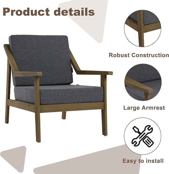 Outdoor Patio Furniture Set, 3 Piece Patio Conversation Sets with Washable Thick Cushions, All-Weather Solid Wood Patio Bistro Set for Porch, Balcony, Natural Frame & Dark Gray Cushion