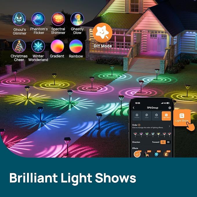 Linkind Smart Solar Pathway Lights SP6,Pattern Switch Solar Lights Outdoor | USB&Solar Charging, Cool/Warm White/Color Changing Landscape Lighting for Yard,Garden,Patio, 1 Pack
