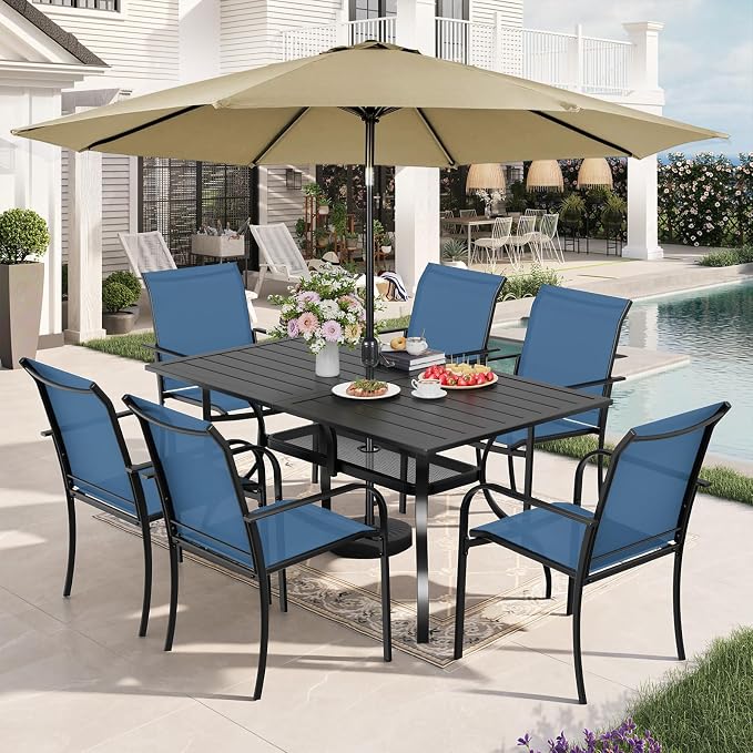 7-Piece Patio Dining Set with Umbrella,6 Person Outdoor Table and Chairs Set, 6 Metal Dining Chairs and Rectangular Outdoor Table with 1.57" Umbrella Hole,Blue