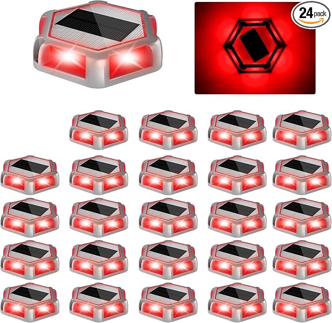 Solar Dock Lights Driveway Deck Lights - 24 Packs Waterproof Outdoor LED Aluminum Dock Lighting Warning Step Light for Driveway Sidewalk Garden Pathway Yard (Red)