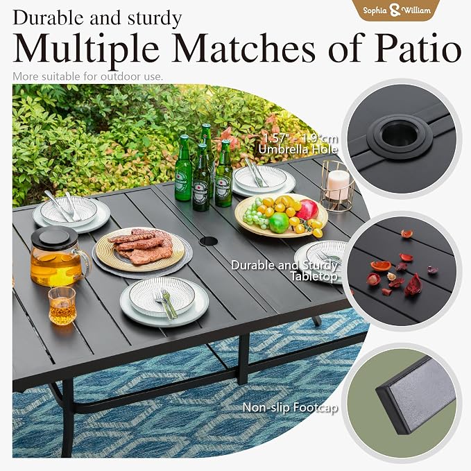 Sophia & William Outdoor Patio Table for 6 People, Rectangular Metal Patio Outdoor Dining Table, Black Steel Slatted Weather-Resistant Table with 1.57" Adjustable Umbrella Hole, L59 * W36 * H28