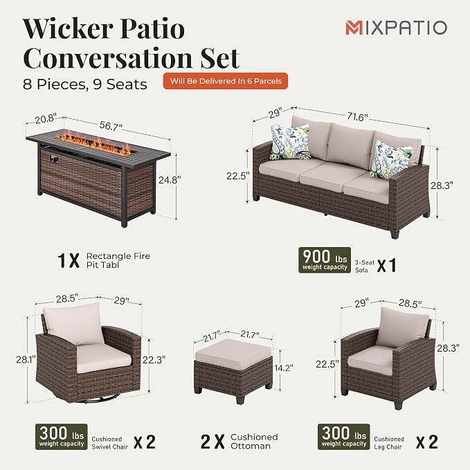 MIXPATIO Swivel Glider Patio Furniture Set, 8 Pcs Wicker Outdoor Conversation Set, 2 x Swivel Chairs, 2 x Leg Chairs, 1 x 3 Seater Sofa and 2 x Ottomans and 56" Fire Pit Table, Beige