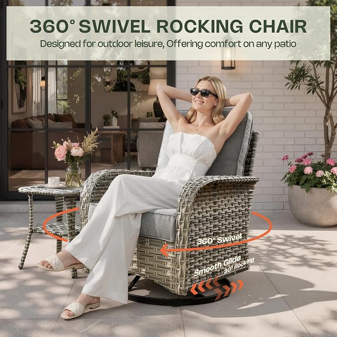 11 Piece Patio Furniture Set Outdoor Sectional with 54" Fire Pit Table, Wicker Swivel Rocking Chairs and L-Shaped Rattan Couch, Modular Conversation Set with Solar Coffee Table for Backyard, Dark Gray