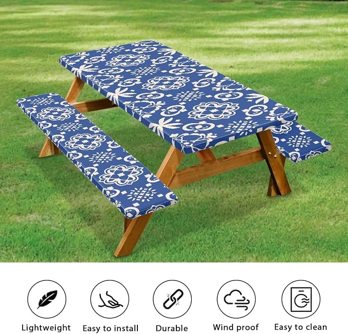 Vintage Flower Picnic Table Cover with Bench Covers Autumn Outdoor Camping Tablecloth Water and Oil Repellent Elastic Waterproof Picnic Table Cover 3 Piece Set for 6 Foot Tables