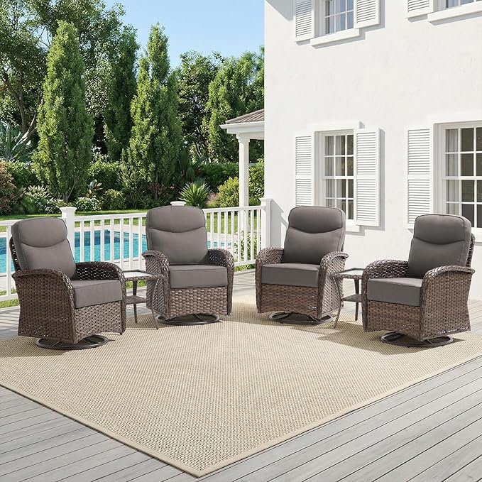 HUMMUH 4PCS Outdoor Swivel Rocker Patio Chairs with 6-inch Thick Cushion, Luxury High Back Patio Furniture Set,Wicker Conversation Set for Deck Yard and Poolside