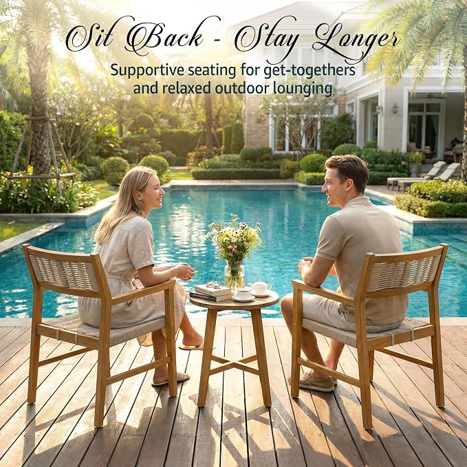 Acacia Heritage Woven Rope Wood Armchair, Set of 2 - Handcrafted Outdoor Patio Dining Chairs with UV Resistant Finish - Solid Wood Boho Accent Seating for Deck, Porch & Backyard, Natural