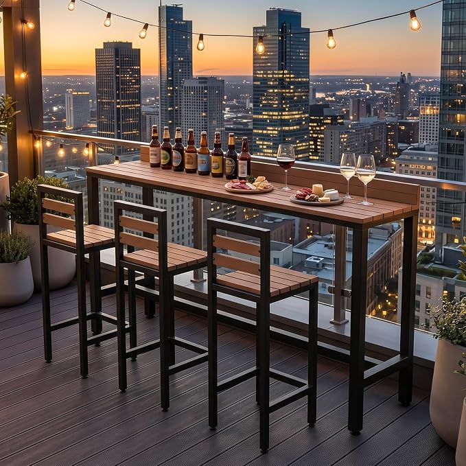 Outdoor Patio Bar Height Table with Baffle, Weather Resistant High Counter Table Porch Pub Tables Wood-Plastic Tabletop, for Poolside Garden Balcony Restaurant Cafe(Black,78.7"x15.7"x40.5")