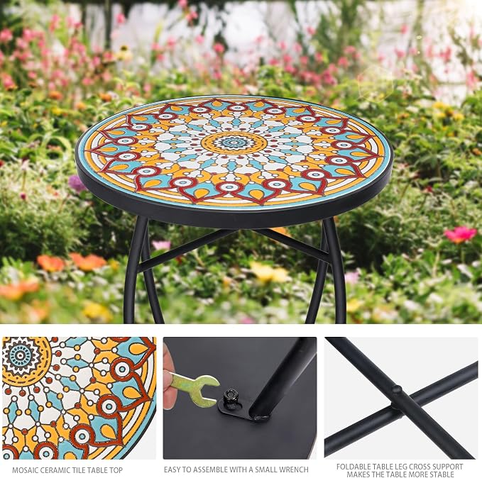 VCUTEKA Mosaic Outdoor Side Table - Small Patio Table Coffee Outside Accent Tables Round End Plant Tables for Bistro Balcony Porch Outdoor Benches 14'' Multi Yellow
