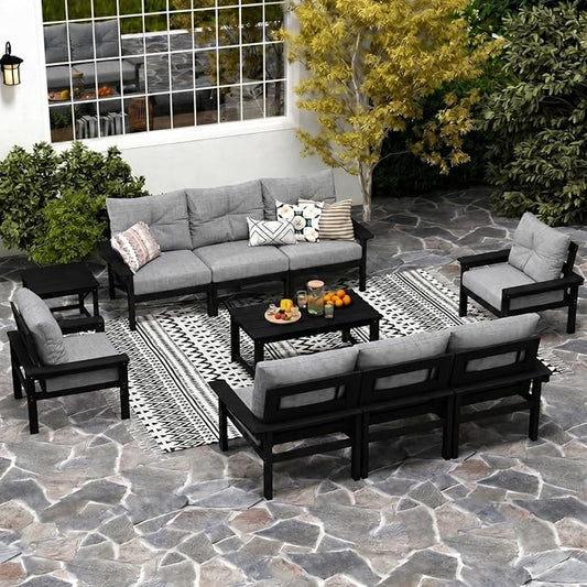 HDPE Outdoor Patio Furniture Set, 6-Piece Patio Conversation Sets with Coffee Table & Side Table & Grey Washable Thick Cushions, Outdoor Sofa for Balcony, Porch (Black Frame)