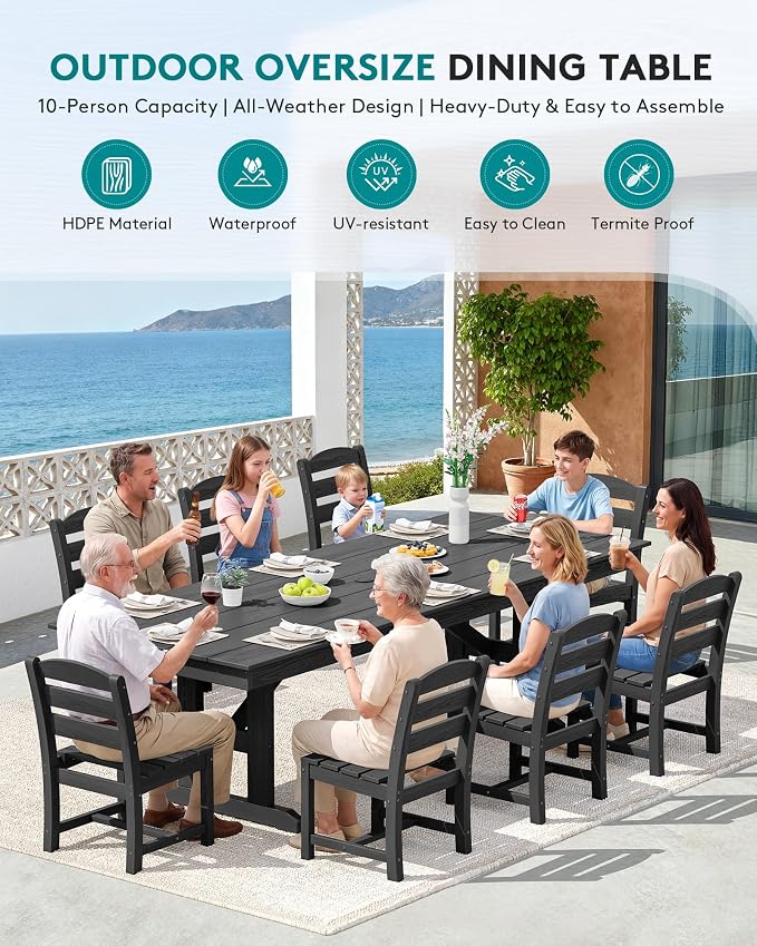SERWALL 9 Piece Outdoor Dining Set, 84" HDPE Outdoor Table and Armless Chairs Set for 8，All Weather Patio Furniture Set with Umbrella Hole for Backyard, Garden, Black