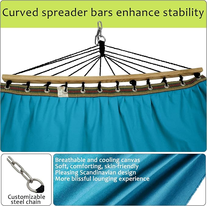 Tranquillo Hammock 2 Person Canvas Portable Hammock with Curved Wood Spreader Bar for Cozy Indoor and Winter Outdoor Use (Blue)