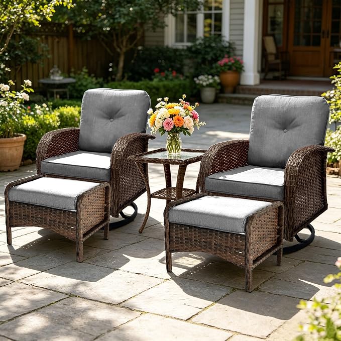 All Weather Patio Furniture Set, High Back Swivel Rocker Glider Chairs，Ottomans & Glass Tables, Outdoor Conversation Set for Deck Porch Yard Poolside (Grey, 5PCS-Swivle Chairs&Ottomans&Table)