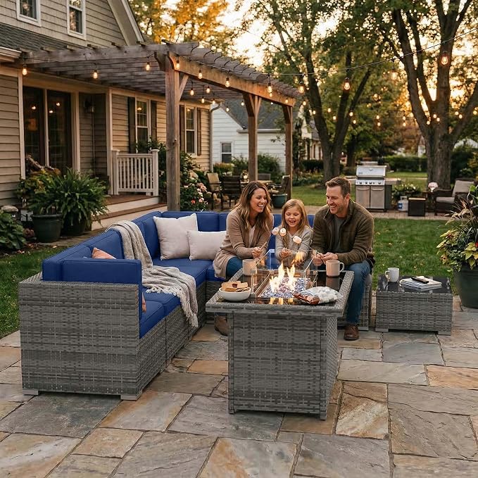 15 Pieces Patio Furniture Set with 44" Propane Gas Fire Pit Table, Outdoor Sectional Wicker Conversation Sofa Sets with Coffee Table
