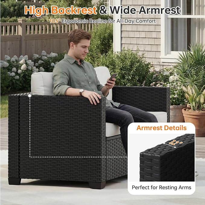 LazySunsets 6-Piece Outdoor Patio Furniture Set, Rattan Outdoor Sectional with Thick Waterproof Cushions, Wicker Ottomans & Waterproof Cover, Patio Conversation Set for Garden, Backyard, Beige