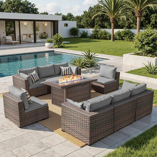 9 Piece Patio Furniture Set with 44" Fire Pit Table, Outdoor Sectional Couch, PE Rattan Patio Conversation Sets with 4inch Cushions for Backyard Grey