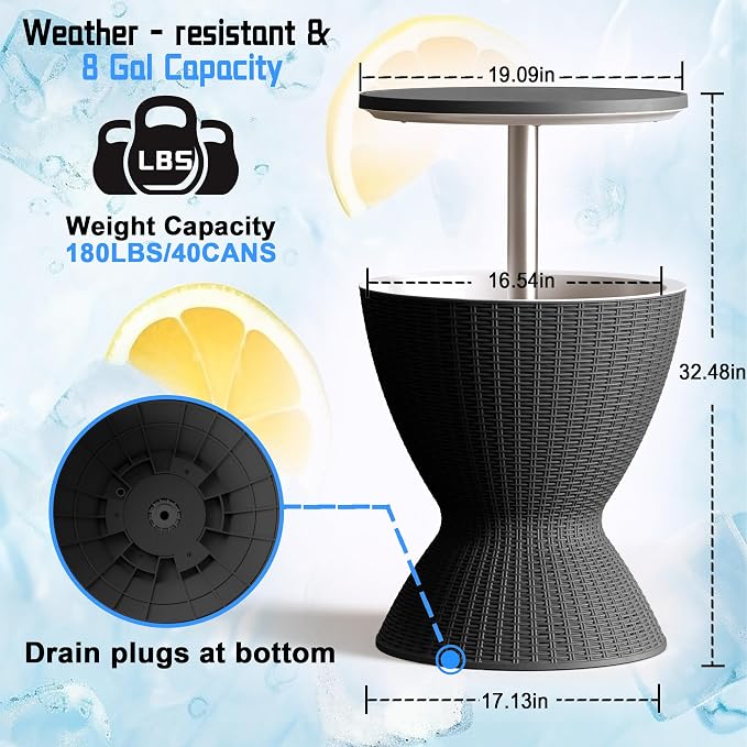 Outdoor Cooler Table – Adjustable Height with Built-in Ice Cooler Side Table, Resin Cool Bar for Patio, Party, Pool, Garden(Black)