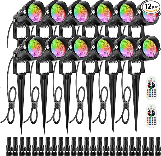 ZUCKEO 12W RGB Low Voltage Landscape Lights, LED Color Changing Landscape Lighting, IP66 Waterproof Outdoor Spotlight, 12V 24V Christmas Decorative Light for Yard Garden Path(12Pack)