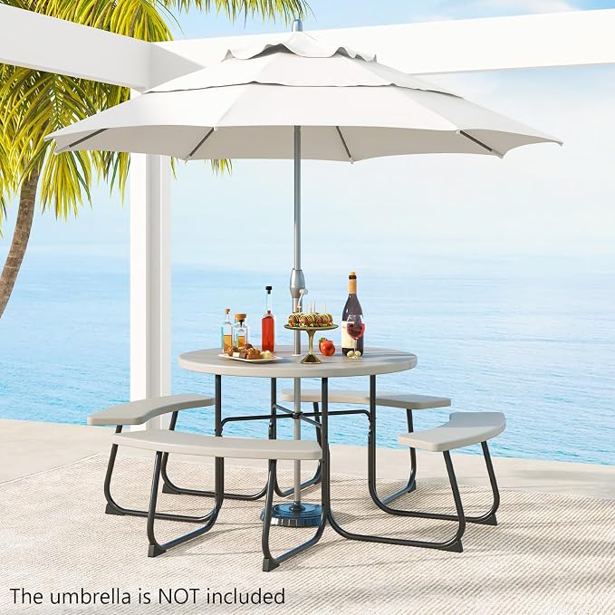 HAPPYGRILL 8-Person Picnic Table Bench Set with Umbrella Hole, 43” Outdoor Dining Table w/4 Benches, Wood-Like Texture Tabletop, Stable U-Shaped Base, Round Table for Backyards, Grey