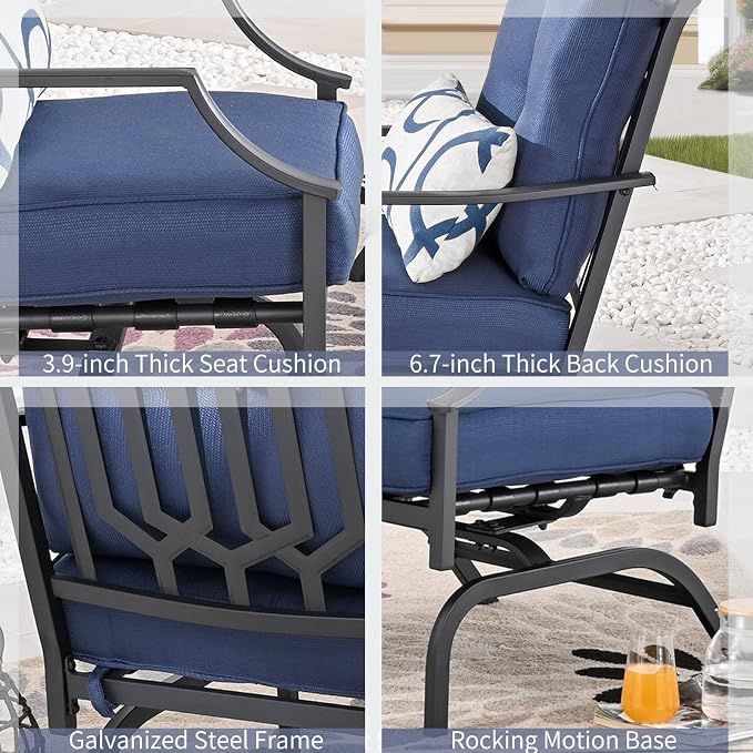 Patio Conversation Set 4 Pieces Metal Outdoor Furniture Sets Outside Loveseat with Rocking Chairs Coffee Table Thick Cushions (Blue)