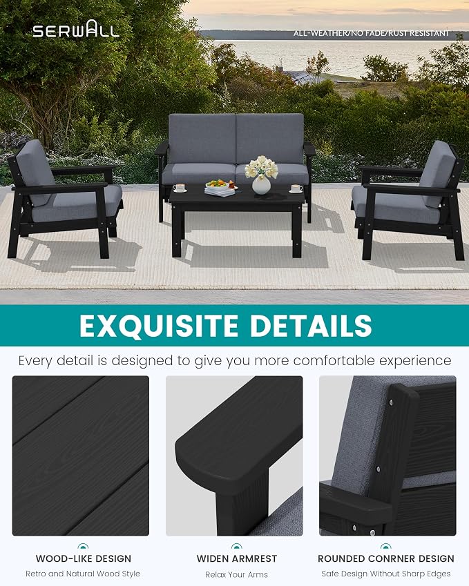 SERWALL HDPE Outdoor Couch, Black Frame and Grey Cushion