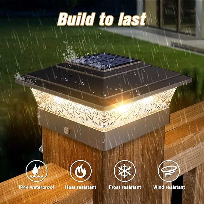 Solar Post Cap Lights Outdoor 6pack, Waterproof Fence Post Lights with 16 Ultra Bright LEDs Fit 4x4 Wood/Vinyl Posts, Black Deck Post Lights with Warm/Cool White for Garden, Patio, Porch, Yard
