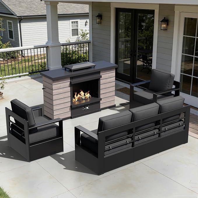 Outdoor Aluminum Furniture Set, 4-Piece Patio Conversation Set, 2 Chairs, 1 Sofa and 1 Fireplace, All-Weather Metal Frame, 6" Thick Removable Cushions, Deep Setting for Garden, Poolside and Porch