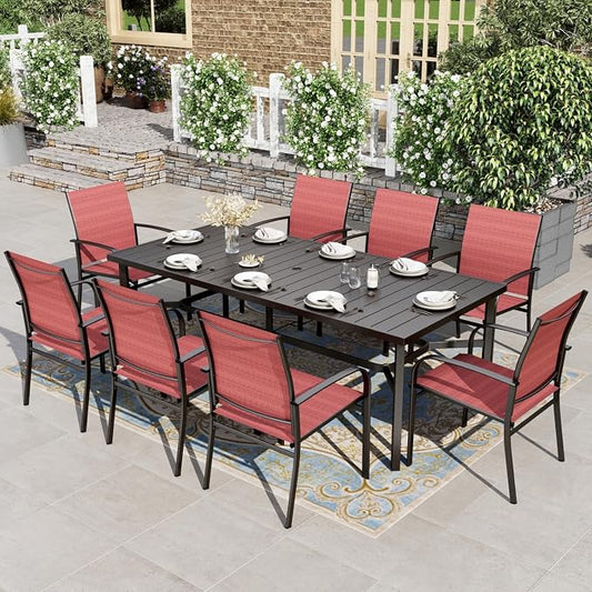 HERA'S HOUSE 9pc Outdoor Patio Dining Set for 8, Textilene Chairs, Red | 83" Rectangular Metal Table with umbrella hole. Waterproof, rust-resistant, all-weather for backyard, porch