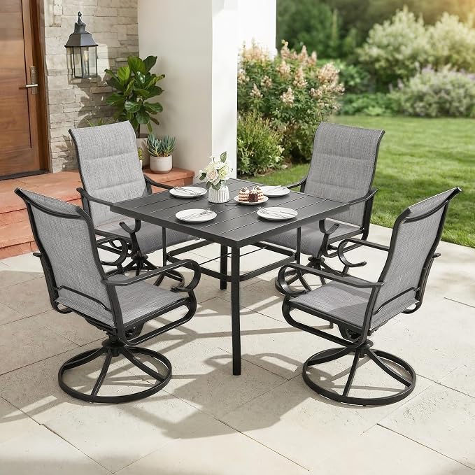 NUU GARDEN 5-Piece Padded Textilene Outdoor Dining Set, Slatted Outdoor Table and Chairs with Swivel Base, All Weather Patio Furniture Set with Umbrella Hole for Backyard, Garden, Light Gray