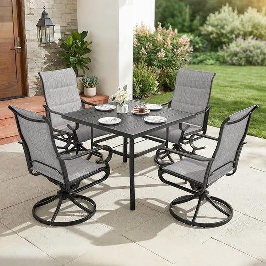 NUU GARDEN 5-Piece Padded Textilene Outdoor Dining Set, Slatted Outdoor Table and Chairs with Swivel Base, All Weather Patio Furniture Set with Umbrella Hole for Backyard, Garden, Light Gray