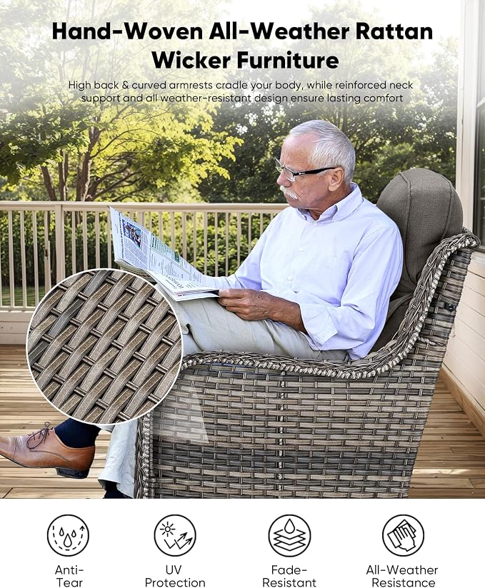 HUMMUH Outdoor Wicker Swivel Rocker Chairs, Set of 2, High Back | 6 in cushions, 360° swivel and glide motion, PE wicker, metal frame, 350 lb capacity, for porch, balcony, and deck