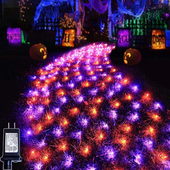Orange and Purple Halloween Net Lights Outdoor, 21x 5ft Green Wire | 360 LED Large Net Mesh Lights Plug in, 8 Modes Waterproof Connectable Bushes Lights for Halloween Hedge Yard Decor