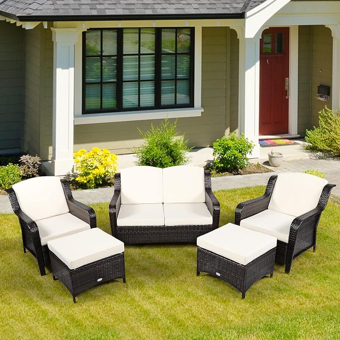 COSTWAY 5PCS Patio Wicker Rattan Furniture Set, Loveseat Sofa with Ottomans and Cushioned Chairs, Conversation Sets for Outdoor Garden Backyard