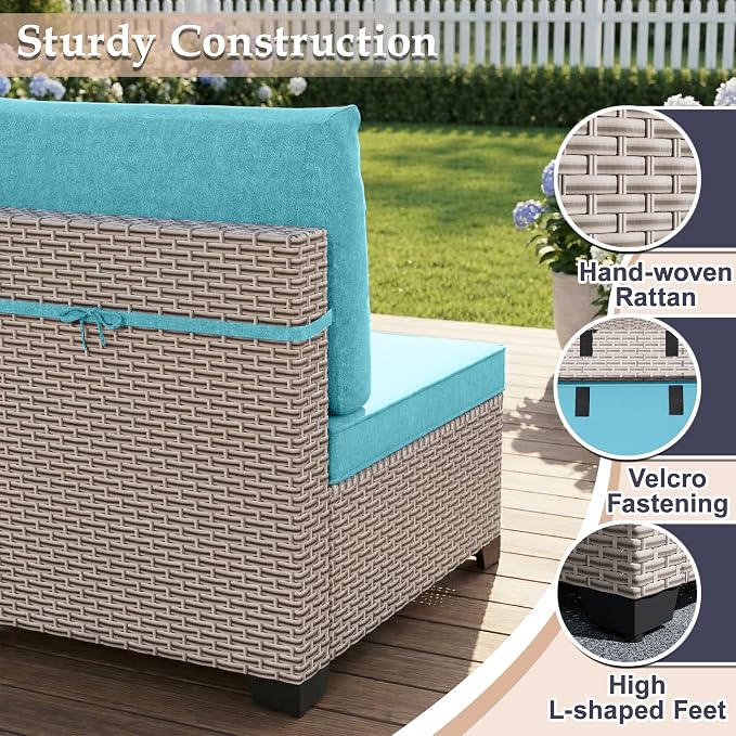 Patio Furniture Set, 7-Piece Outdoor Sectional Sofa with 2-Layer Glass Coffee Table, Wicker Patio Conversation Set with Cyan Cushions for Backyard, Poolside, Porch