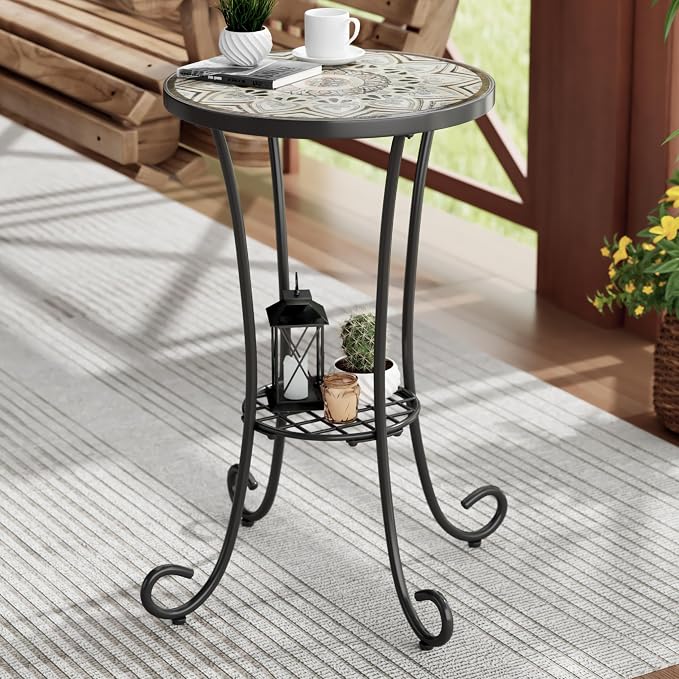 Christopher Knight Home Glady Outdoor Round Side Table, Patio Bistro Table with Ceramic Top and Metal Frame, Small Decorative Accent Table for Patio Garden Porch Balcony, Bohemia